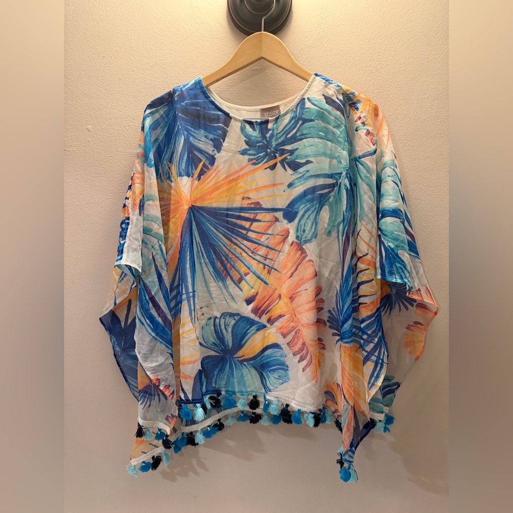 Chicos Tropical Palm Leaf Print Tassel Trim Kaftan Top Blue Orange Size 3 XL‎